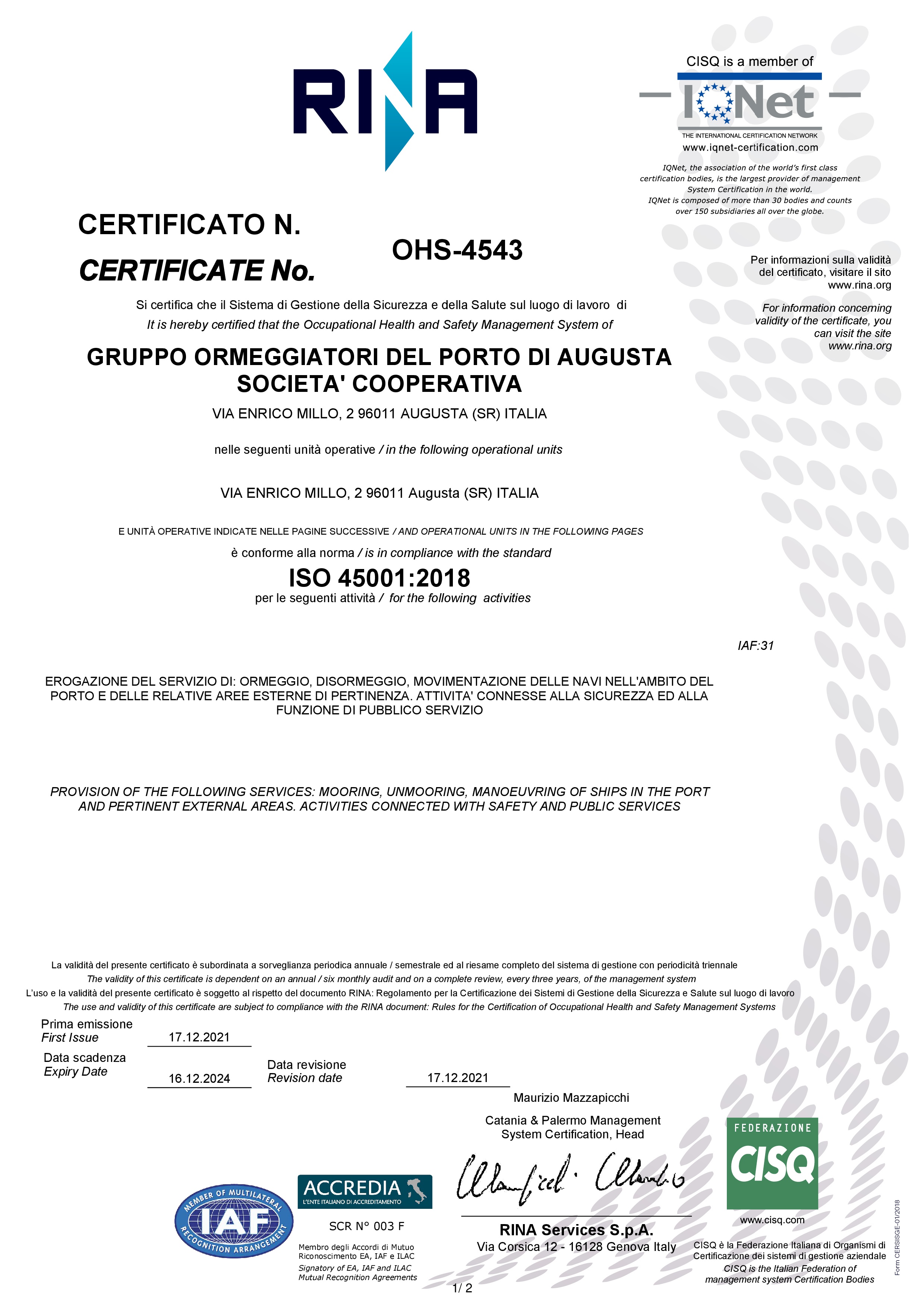 Clicca per certificato ISO 45001 Rina